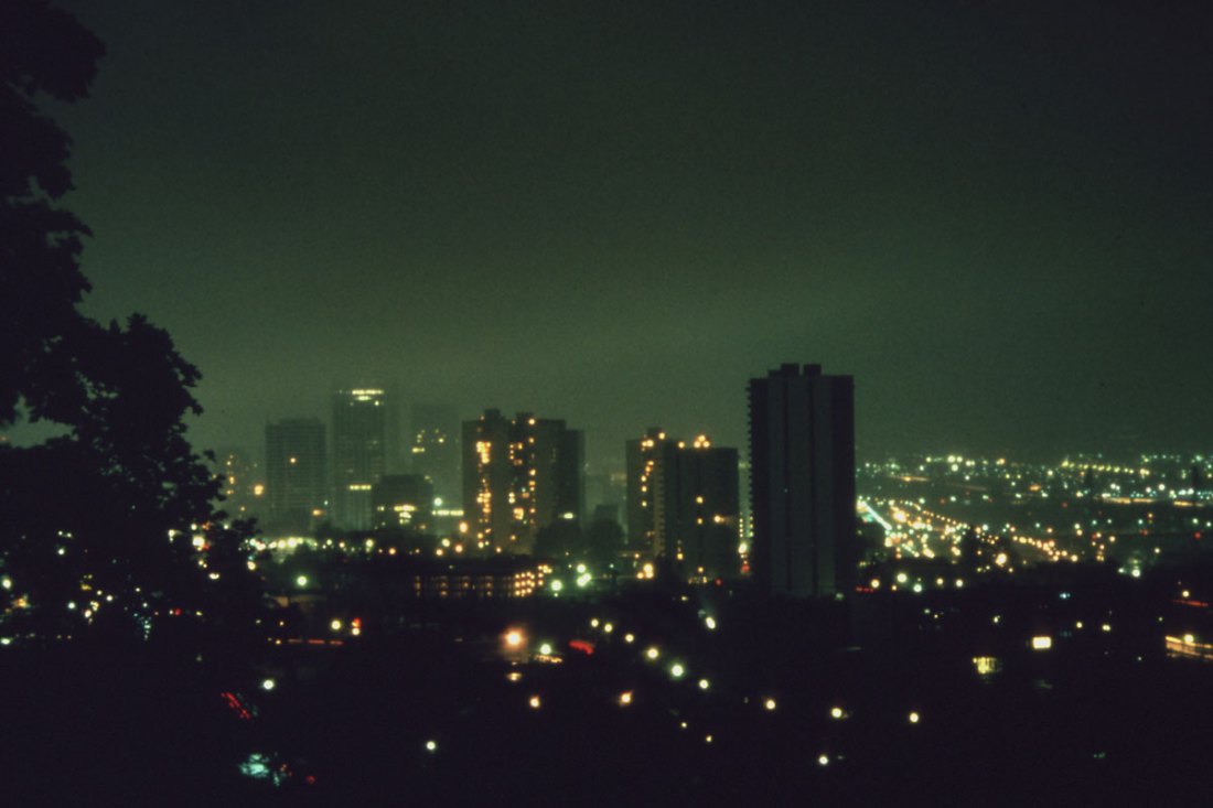 Overall view of downtown Portland, at 8 pm in October, 1973 showing lack of commercial lighting during the peak of the energy crisis. The ban was issued by executive order of Oregon's Governor, October 1973. David FalconerU.S. National Archives (412-DA-12954)